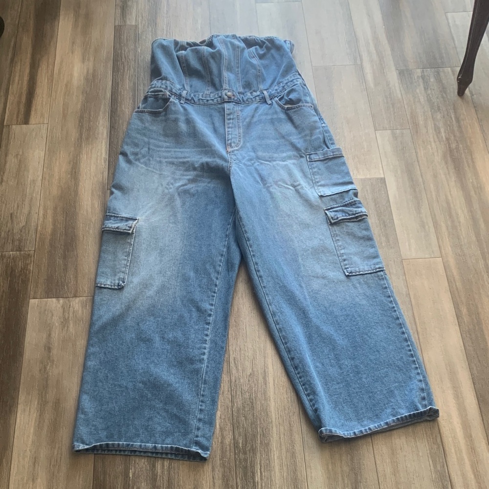 Strapless Wide Leg Denim Cargo Jumpsuit - Light Blue
